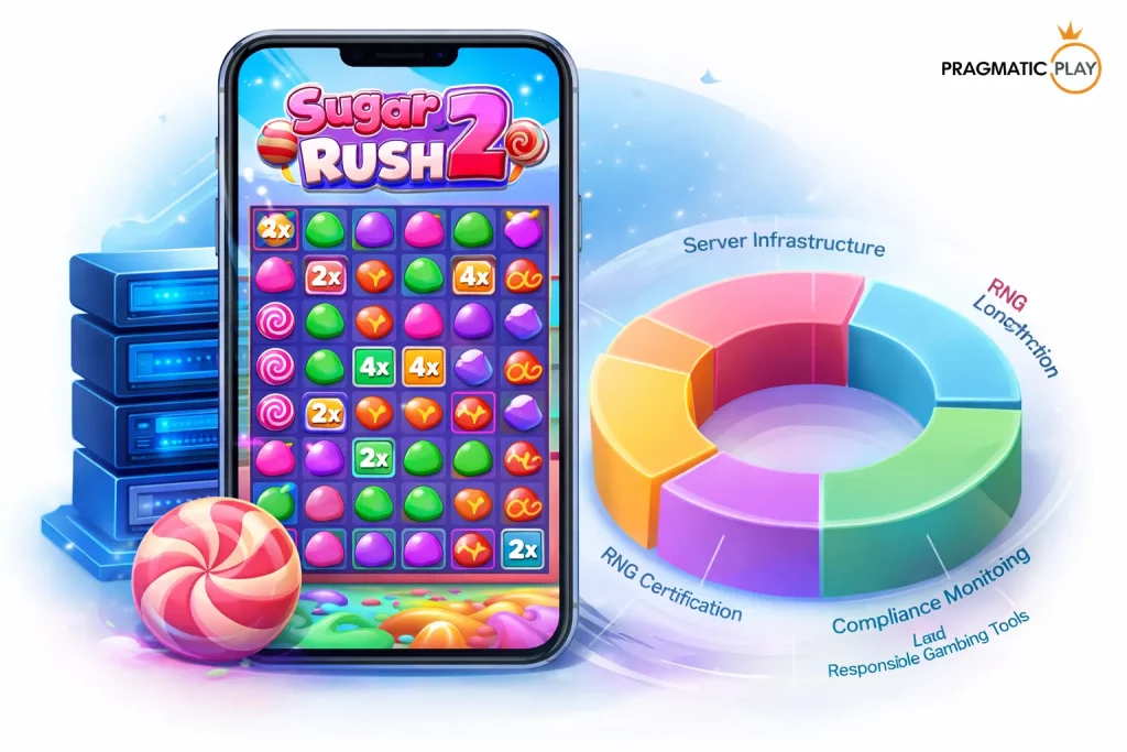 Sugar Rush 2 slot game displayed on a smartphone with colorful candy grid, server infrastructure stack and circular service distribution chart illustrating platform stability and compliance systems.