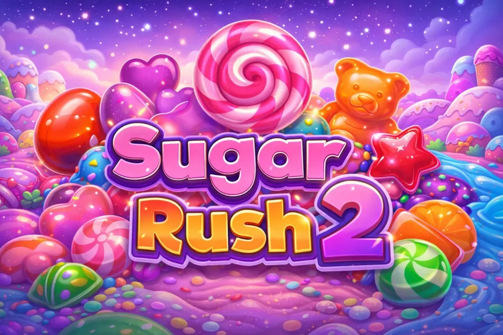 Sugar Rush 2 Slot banner featuring colorful candy landscape, glowing logo, lollipops, gummy sweets and vibrant fantasy background in modern casino style