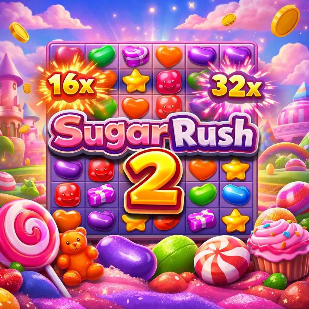 Sugar Rush 2 horizontal candy world artwork with rainbow sky, candy castles, golden coins and colorful sweets landscape