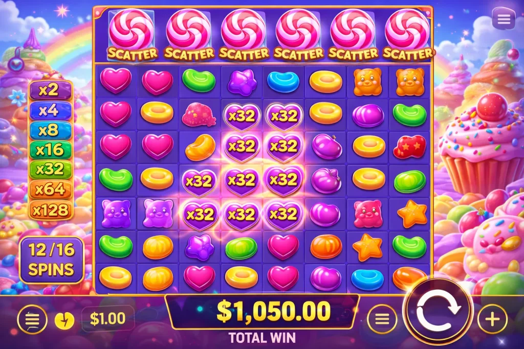 Sugar Rush 2 slot gameplay screenshot showing 7x7 grid with stacked x32 multipliers, scatter symbols and Free Spins bonus in progress