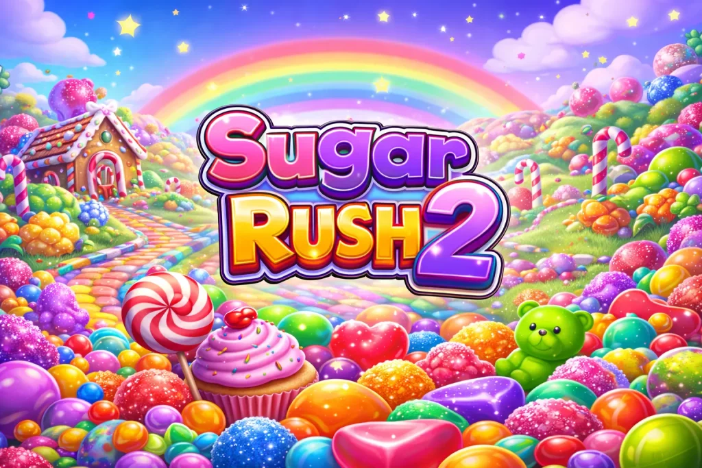 Sugar Rush 2 slot game banner with colorful candy landscape, rainbow background and official game logo
