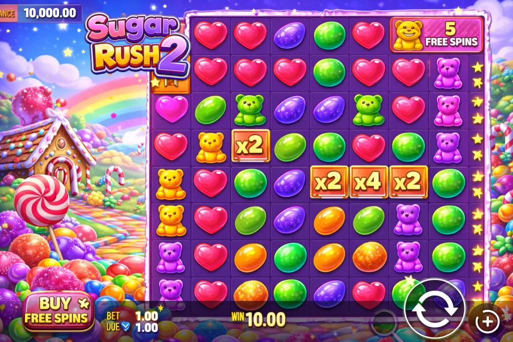 Sugar Rush 2 slot gameplay screenshot showing 7x7 candy grid, multiplier symbols and Free Spins feature